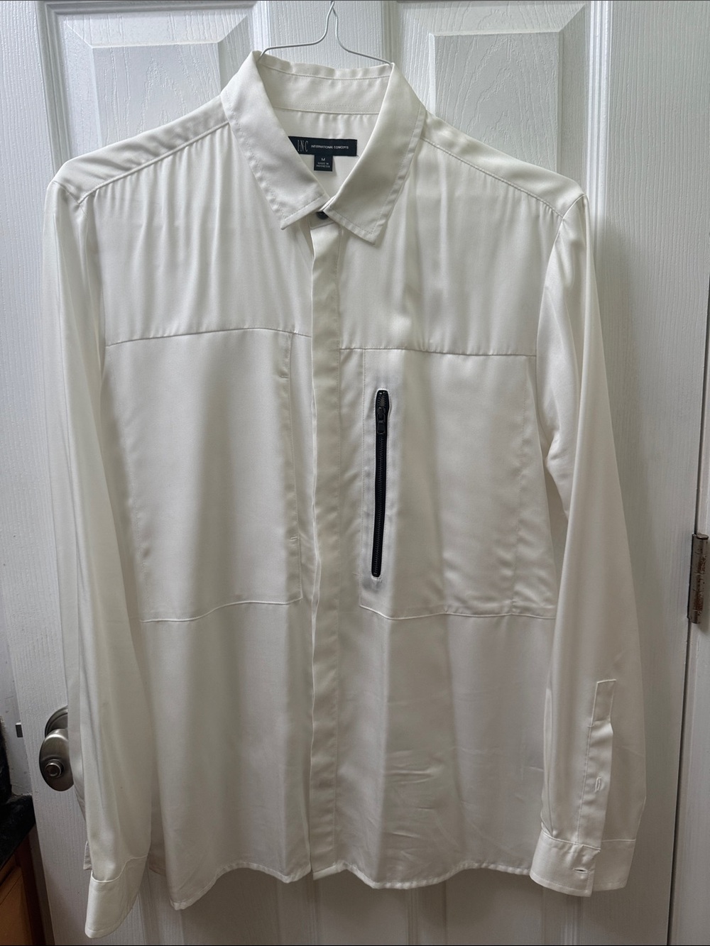 INC International Concepts White Long-Sleeve Dress Shirt with Black Zip Pocket